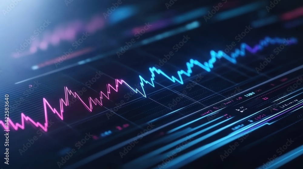 Poster abstract digital graphic of financial market trend with vibrant colorful line chart and data visuali