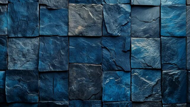 Blue stone tiles form textured square wall. Close up indoor background