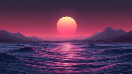 Naklejka premium Synthwave Sunset over Serene Ocean and Mountains