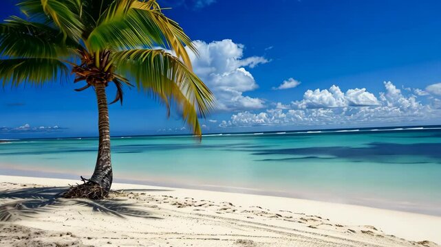 A majestic palm tree stands tall on a tropical beach, casting a graceful silhouette against the azure sky, Ai Generated