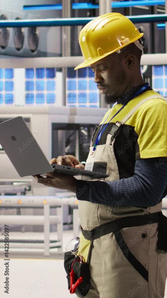 Poster vertical video smart factory specialist, testing automated systems, monitoring production performanc