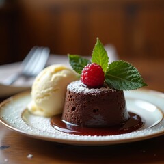 Elegant presentation of a molten chocolate fondant cake served with a scoop of vanilla ice cream and cherry sauce on a ceramic plate. The dessert is garnished with fresh mint leaves