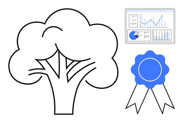 Abstract tree outline, analytics dashboard with charts, blue ribbon symbolizing recognition. Ideal for sustainability, success, analytics, environment, growth, awards simple landing page