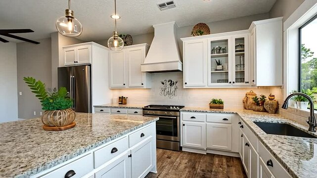 Modern Farmhouse Kitchen with Granite Island