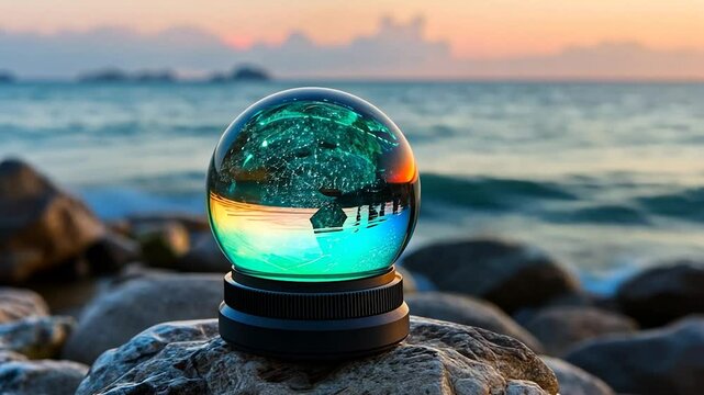 Crystal ball reflecting sunset seascape on rocks