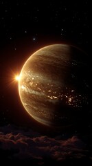 A supermassive gaseous planet with cream, orange, and blue bands characterized by multiple storm spots
