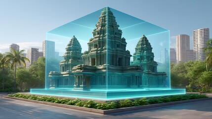 Futuristic touchless hologram displays meet temple and urban contrast, Modern representation of a historical temple in an urban setting. Sacred vs smart city, zen in future tech