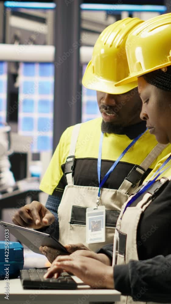 Poster vertical video engineering team using pc in smart factory to oversee robotic assembly lines, ensurin