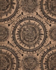 Naklejka premium Intricate patterns showcasing ancient civilization artistry, rendered in detailed circular designs with symbols and textured linework.