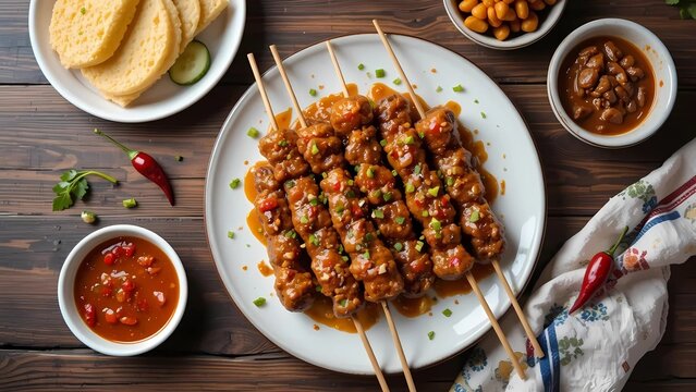 Spicy South African Sosaties with Peanut Sauce, Bread, and Beans