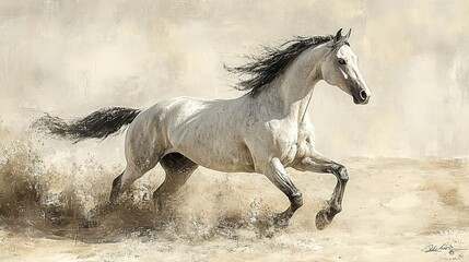 Graceful Andalusian or Arabian horse in mid-rear against soft dunes, symbol of strength, freedom, and elegance 