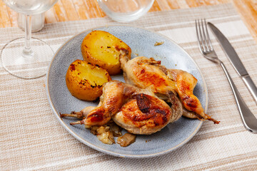 Fried while of quail is complemented with baked potatoes in peel