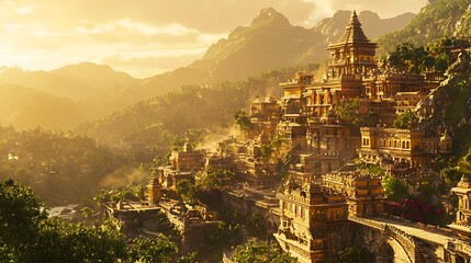 Golden City nestled in a mountain valley. Lush foliage surrounds ancient structures