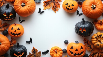 Halloween border with pumpkins, spooky toys ON WHITE BACKGROUND 