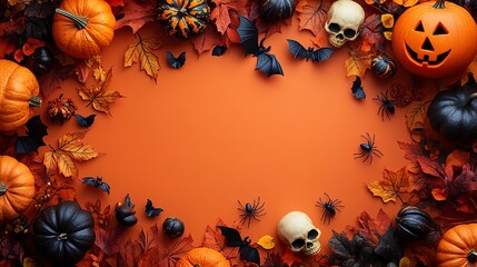 Halloween flat lay with jack-o'-lanterns, bats, spiders, skulls, and eyeballs on vibrant orange background, copy space in center  