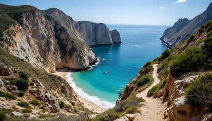 Fototapeta premium Hidden Secluded Beach Among Towering Cliffs with Crystal Clear Water