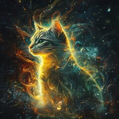 Cosmic feline,  radiant energy,  spiritual animal.  A cat bathed in golden light,  surrounded by nebulae,  and celestial energy