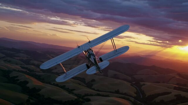 Vintage biplane flying over hills at sunset