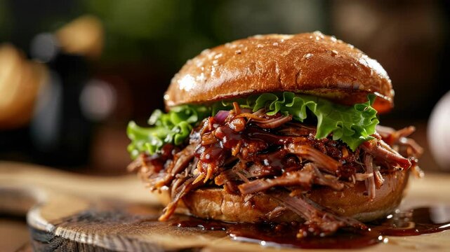 A mouthwatering BBQ pulled pork sandwich smothered in sauce and served with coleslaw.