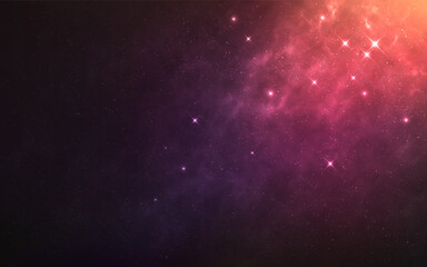 Galaxy background with glowing stars and vibrant nebula. Cosmos in purple and orange tones. Starry cosmic wallpaper. Fantasy stardust backdrop. Abstract futuristic scene. Vector illustration.