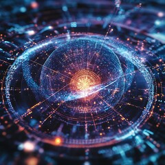 Abstract digital sphere with intricate network patterns.  A mesmerizing display of interconnected data points, glowing with vibrant colors, creating a futuristic and complex visual