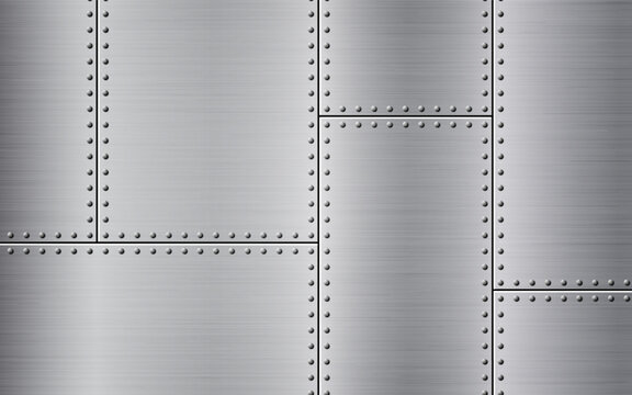 Metal rivets. Steel texture with brushed panels. Riveted industrial background perfect for tech design. Polished metal frame. Vector illustration.