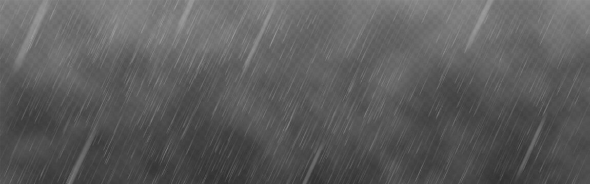 Rain Effect. Storm with water drops falling on transparent background. Realistic heavy rain with fog for overlay use or weather design. Vector illustration.