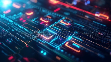 Futuristic digital interface with glowing data streams. Complex network of glowing lines and graphical elements, showing data flow and processing. 