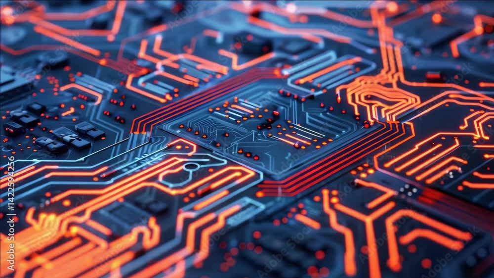 Poster up-close view of a circuit board with red led lights, showing the intricate network of semiconductor