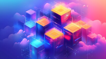 Futuristic network of interconnected data centers in a vibrant cloud environment.  Complex, digital architecture with colorful glowing blocks