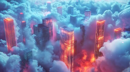 Futuristic city nestled in clouds.  High-tech skyscrapers are illuminated with vibrant neon lights, rising above a sea of clouds.  The scene evokes a sense of wonder and advanced technology