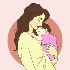 Illustration of Loving Mother Holding Newborn Baby Surrounded by Beautiful Flowers