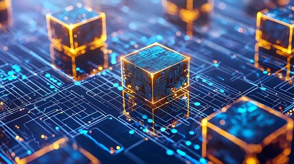 Abstract digital circuit board with glowing cubes.  Complex interconnected network of glowing components