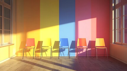 Colorful waiting area with vibrant hues. Sunlight streams into a room featuring a rainbow-striped wall and matching colorful chairs arranged in a row.  A sense of calm and optimism is conveyed