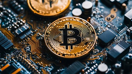 Golden Bitcoin coin on circuit board