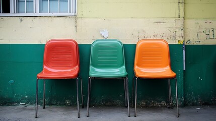 Three colorful chairs against a weathered wall