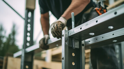 Construction Worker Assembling Metal Framework