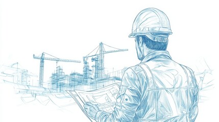 Obraz premium continuous single line drawing of civil engineer or architect with constructions plans, line art vector illustration -
