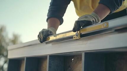 Construction Worker Using Level Tool on Building Frame