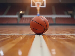 Naklejka premium Basketball Sits on Court Ready for Game