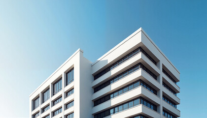 Modern white building with balconies against blue sky