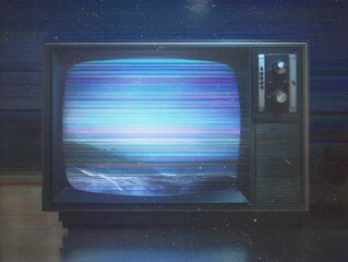 An old, boxy television displays a screen filled with colorful static and interference, set against a cosmic background with stars.