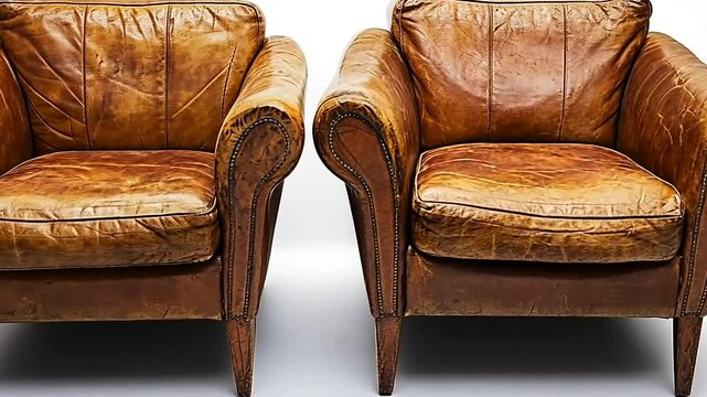 Pair of vintage leather armchairs showcasing distressed patina in studio setting