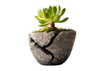 Resilience in Bloom: A Succulent Thriving in a Cracked Stone Pot on Black