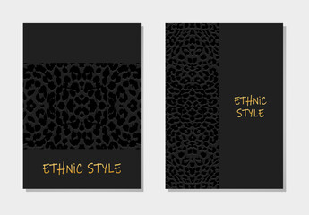 Set of covers, patterned vertical templates. Collection of geometric black leopard backgrounds 3d, embossing. Mandala, arabesques, logo. Ethnic ornaments of the East, Asia, India, Mexico, Aztec, Peru.