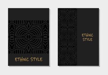 Set of covers, patterned vertical templates. Collection of geometric vintage black backgrounds 3d, embossing. Mandala, arabesques, logo. Ethnic ornaments of the East, Asia, India, Mexico, Aztec, Peru.