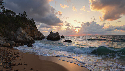 Fototapeta premium Dramatic sunset over rocky beach with crashing waves