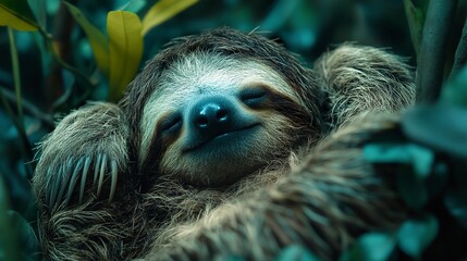 Fototapeta premium Jungle animal photography featuring sloth in resting position, concept of mindfulness and slow-paced lifestyle 