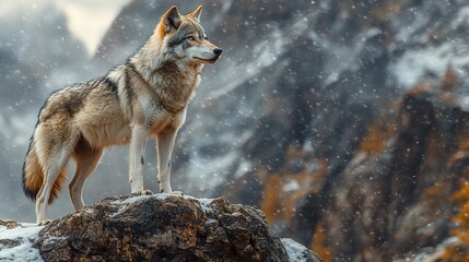 Obraz premium Lone grey wolf standing triumphantly on a rocky cliff in a dramatic snowy mountain scene with stormy skies 