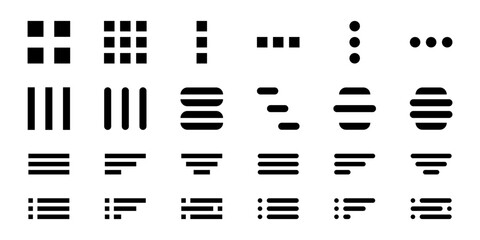 Set of hamburger list menu icons. Buttons for website navigation isolated on white background. Mobile application interface elements. Vector graphic illustration.